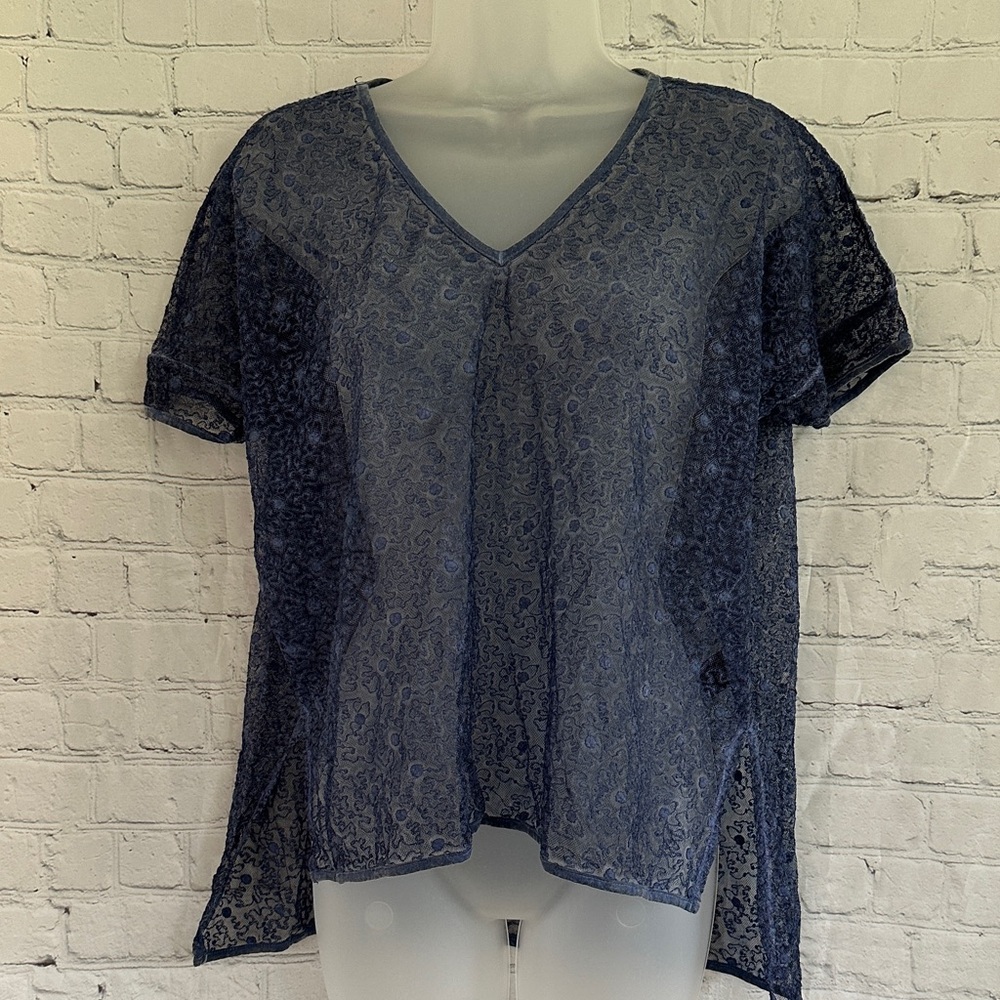 Pol Navy Blue V-Neck Sheer Short Sleeve Lace Look Top Oversized S!